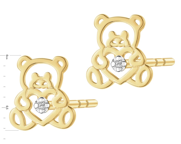 Kolczyki z żółtego złota z diamentami - misie - 0,004 ct - próba 375