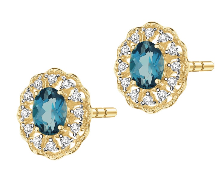 Kolczyki z żółtego złota z diamentami i topazami London Blue - próba 585