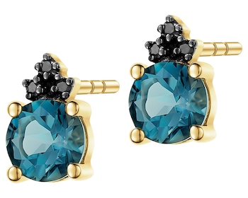 Kolczyki z żółtego złota z czarnymi brylantami i topazami London Blue - próba 375