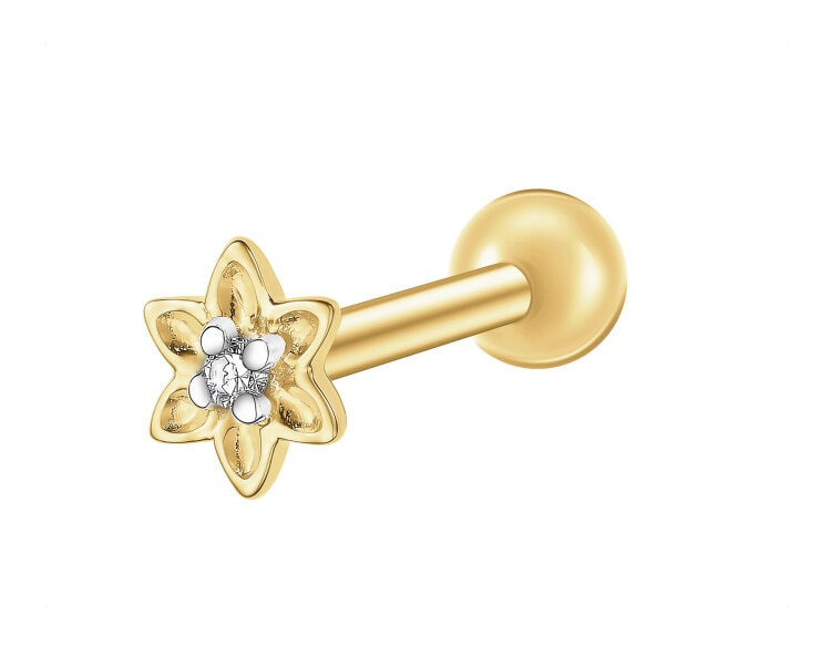 Pojedynczy złoty kolczyk z diamentem do piercingu - kwiat - 0,005 ct - próba 
