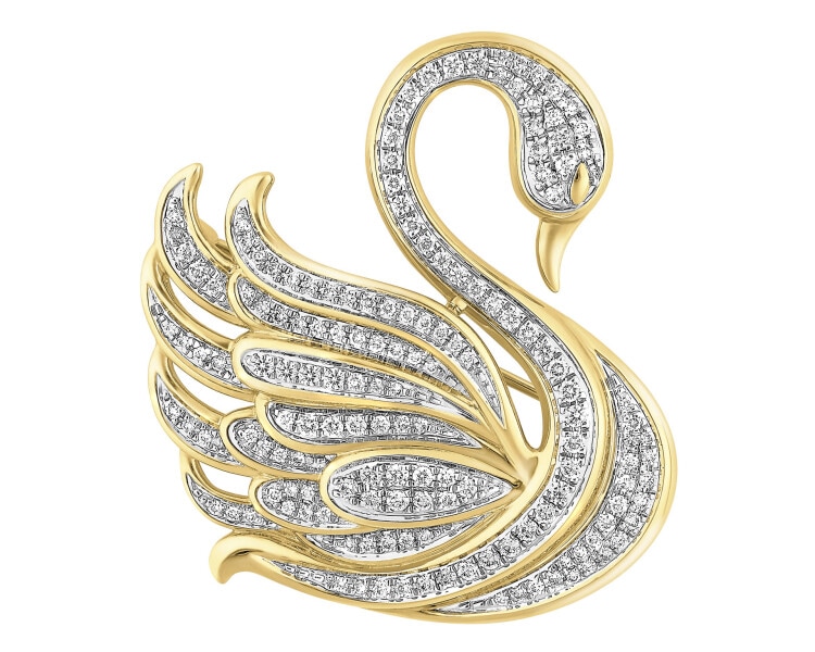 Broszka z żółtego złota z brylantami - łabędź - 0,76 ct - próba 585