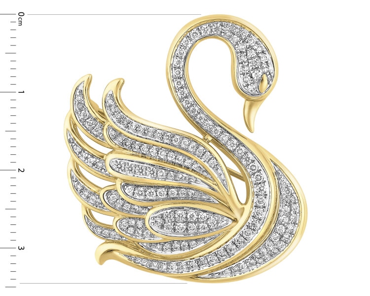 Broszka z żółtego złota z brylantami - łabędź - 0,76 ct - próba 585