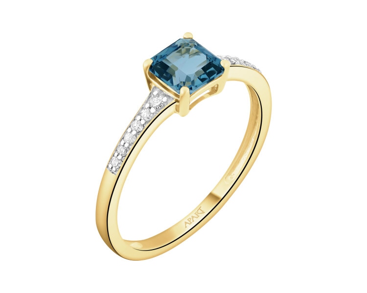 Pierścionek z żółtego złota z diamentami i topazem London Blue - próba 585