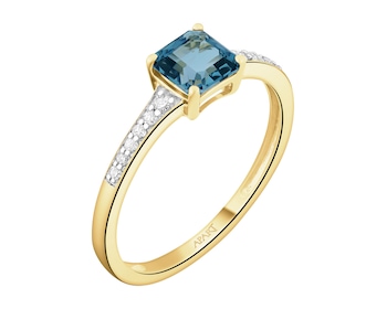 Pierścionek z żółtego złota z diamentami i topazem London Blue - próba 585