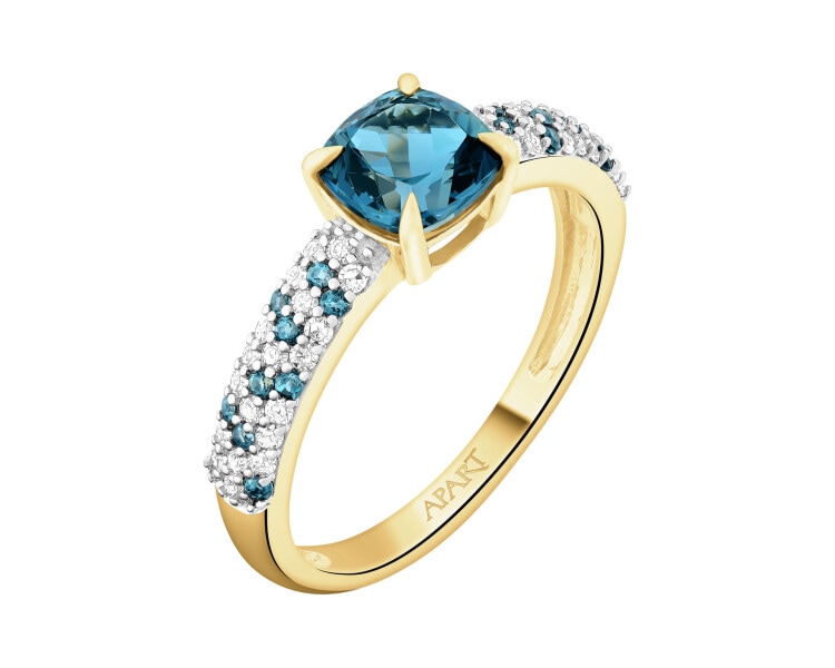 Pierścionek z żółtego złota z diamentami i topazami London Blue - próba 585