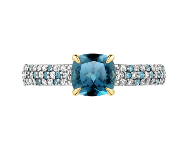 Pierścionek z żółtego złota z diamentami i topazami London Blue - próba 585