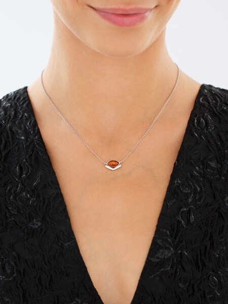 Rhodium Plated Silver Necklace with Amber