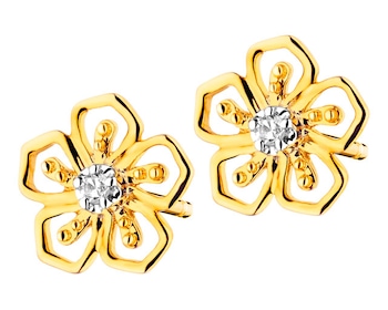 Náušnice ze žlutého zlata s diamanty - květy - 0,01 ct - ryzost 585