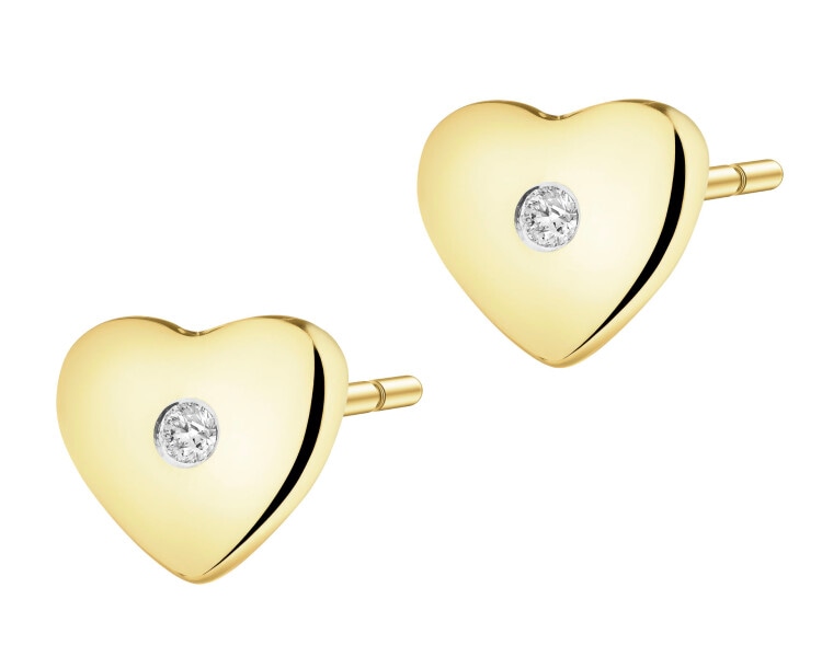 Kolczyki z żółtego złota z diamentami - serca - 0,01 ct - próba 375