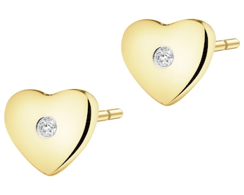 Kolczyki z żółtego złota z diamentami - serca - 0,01 ct - próba 375