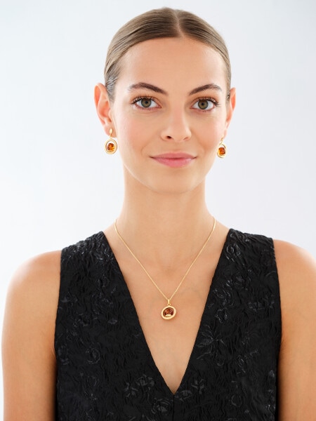 Brass, Gold-Plated Silver Dangling Earring with Amber