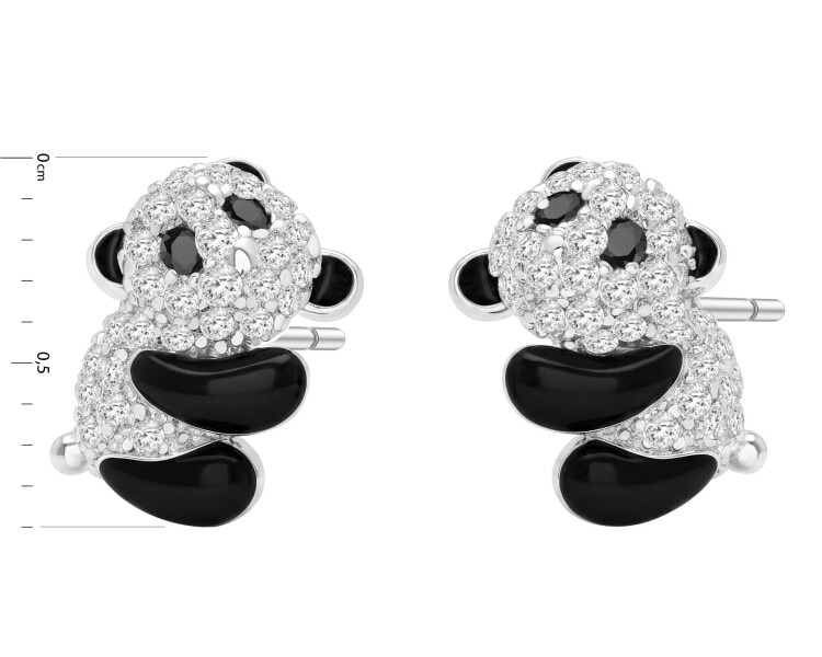 Stříbrné náušnice se zirkony a smaltem - medvídci panda