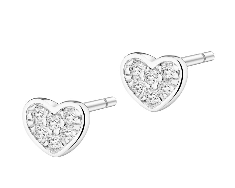 Kolczyki z białego złota z diamentami - serca - 0,03 ct - próba 585