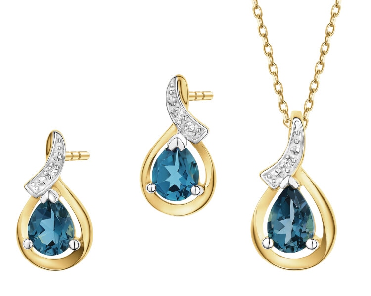 Zawieszka i kolczyki z żółtego złota z diamentami i topazami London Blue - komplet - próba 375