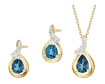 Zawieszka i kolczyki z żółtego złota z diamentami i topazami London Blue - komplet - próba 585