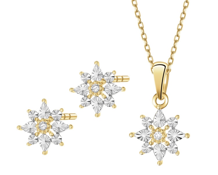 Zawieszka i kolczyki z żółtego złota z diamentami - komplet - 0,02 ct - próba 375