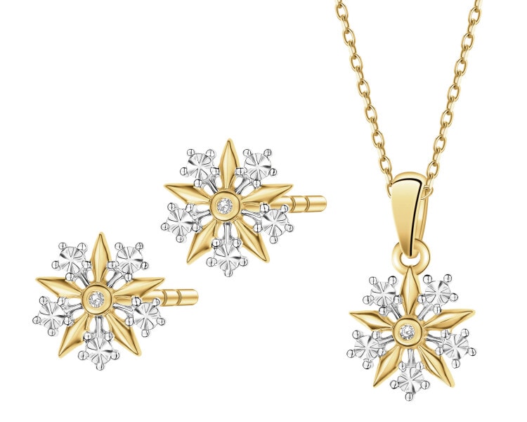 Zawieszka i kolczyki z żółtego złota z diamentami - komplet - 0,01 ct - próba 585