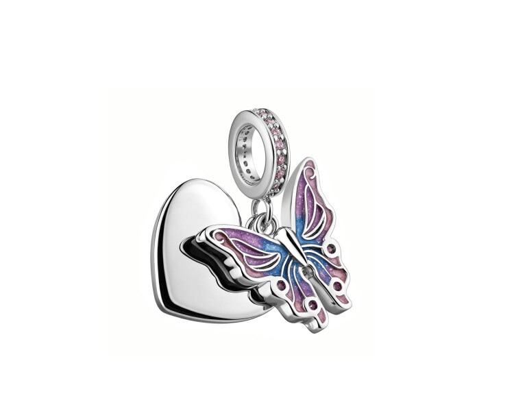 Zawieszka beads z cyrkoniami - serce, motyl