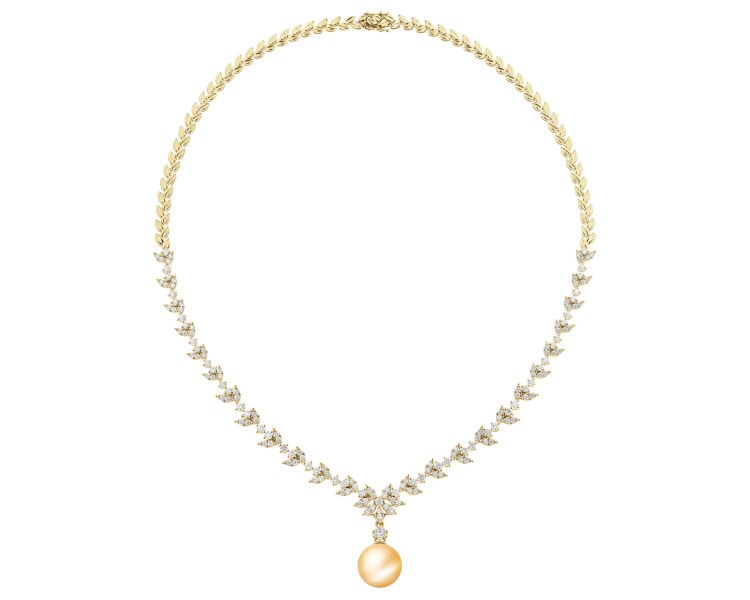 Naszyjnik z żółtego złota z brylantami i  perłą Golden South Sea - 43 cm - próba 750