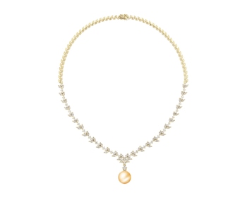 Naszyjnik z żółtego złota z brylantami i  perłą Golden South Sea - 43 cm - próba 750