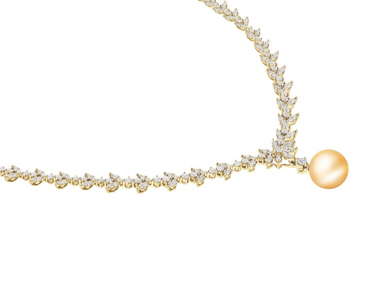 Naszyjnik z żółtego złota z brylantami i  perłą Golden South Sea - 43 cm - próba 750
