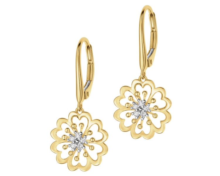 Kolczyki z żółtego złota z diamentami - kwiaty - 0,08 ct - próba 585