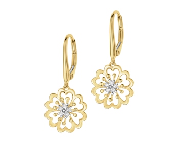 Kolczyki z żółtego złota z diamentami - kwiaty - 0,08 ct - próba 585
