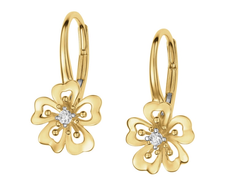 Kolczyki z żółtego złota z brylantami - kwiaty - 0,06 ct - próba 585