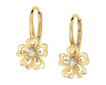 Kolczyki z żółtego złota z brylantami - kwiaty - 0,06 ct - próba 585
