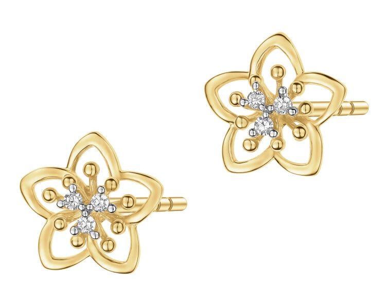 Kolczyki z żółtego złota z diamentami - kwiaty - 0,03 ct - próba 375