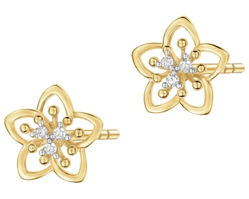 Kolczyki z żółtego złota z diamentami - kwiaty - 0,03 ct - próba 375