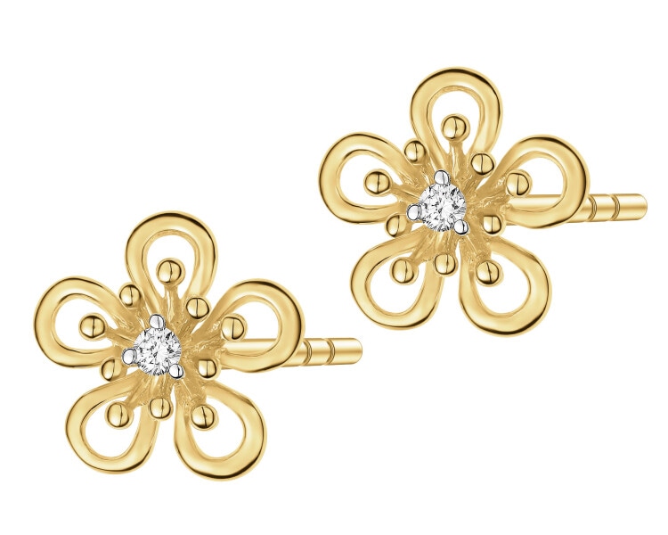 Kolczyki z żółtego złota z brylantami - kwiaty - 0,03 ct - próba 375