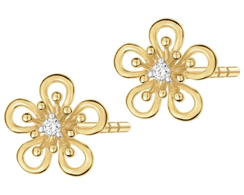 Kolczyki z żółtego złota z brylantami - kwiaty - 0,03 ct - próba 375