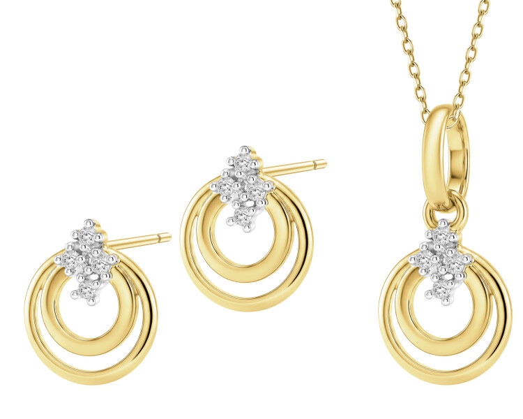Zawieszka i kolczyki z żółtego złota z diamentami - komplet - koła - 0,03 ct - próba 375