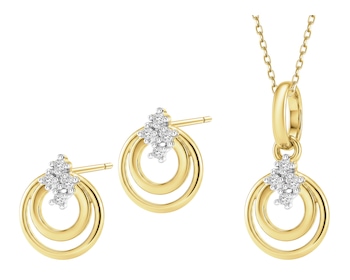 Zawieszka i kolczyki z żółtego złota z diamentami - komplet - koła - 0,03 ct - próba 375