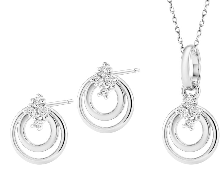 Zawieszka i kolczyki z białego złota z diamentami - komplet - koła - 0,03 ct - próba 585