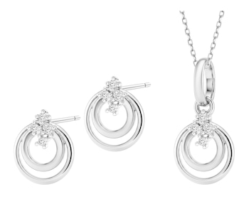 Zawieszka i kolczyki z białego złota z diamentami - komplet - koła - 0,03 ct - próba 585