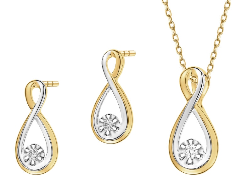 Zawieszka i kolczyki z żółtego złota z brylantami - komplet - 0,06 ct - próba 375