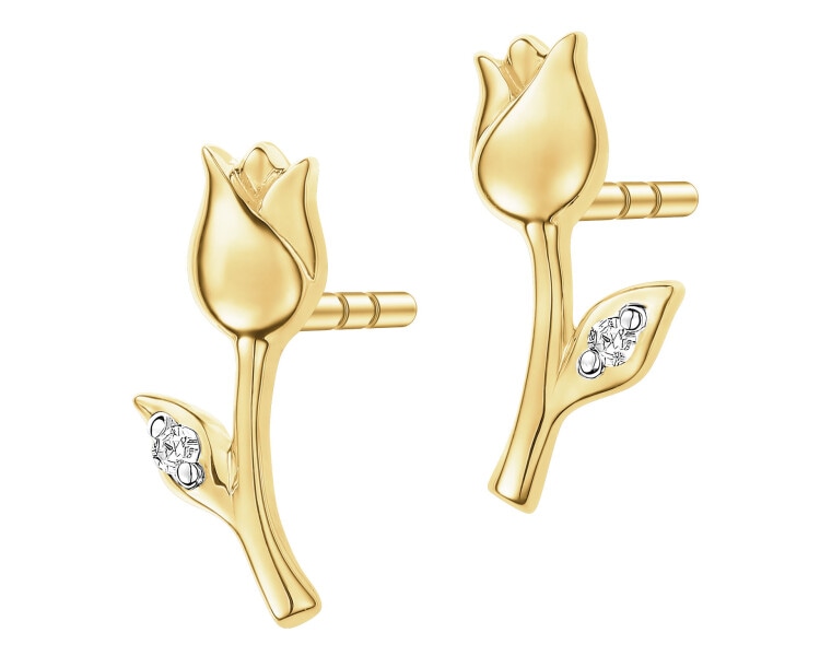 Kolczyki z żółtego złota z diamentami - kwiat - 0,008 ct - próba 375