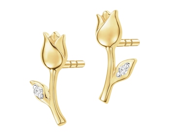 Kolczyki z żółtego złota z diamentami - kwiat - 0,008 ct - próba 375