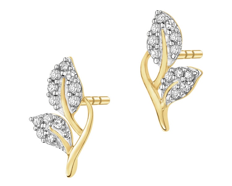 Kolczyki z żółtego złota z diamentami - liść - 0,005 ct - próba 375
