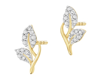 Kolczyki z żółtego złota z diamentami - liść - 0,005 ct - próba 375