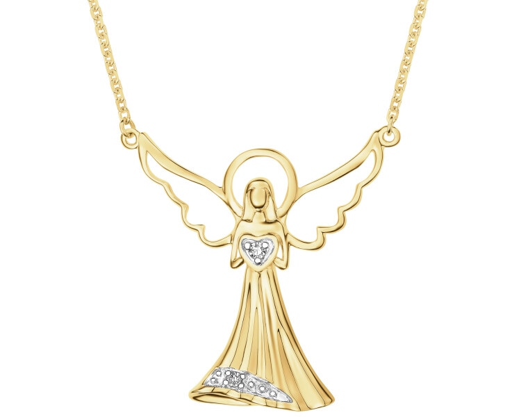 Naszyjnik z żółtego złota z diamentami - aniołek, serce - 0,01 ct - próba 585