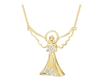 Naszyjnik z żółtego złota z diamentami - aniołek, serce - 0,01 ct - próba 585