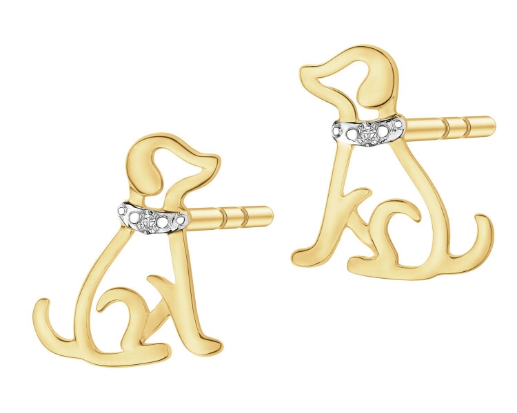 Kolczyki z żółtego złota z diamentami - piesek - 0,006 ct - próba 375