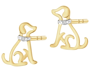 Kolczyki z żółtego złota z diamentami - piesek - 0,006 ct - próba 375