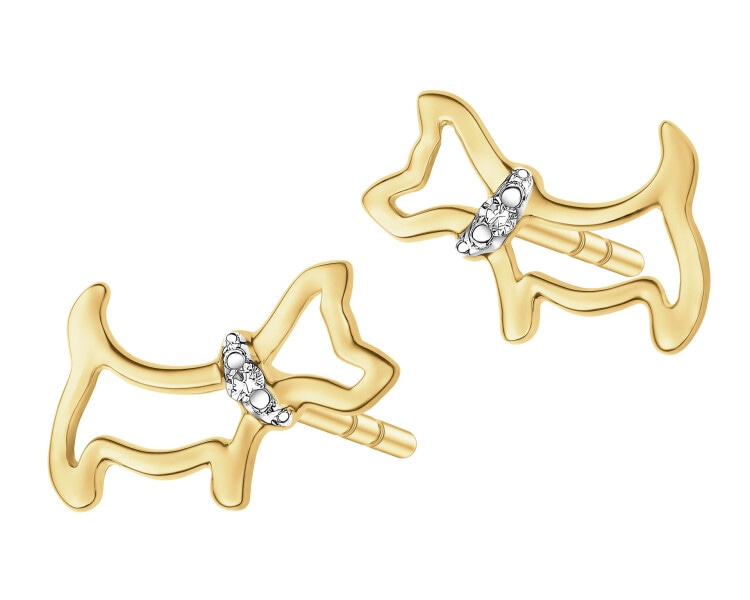 Kolczyki z żółtego złota z diamentami - piesek - 0,006 ct - próba 585