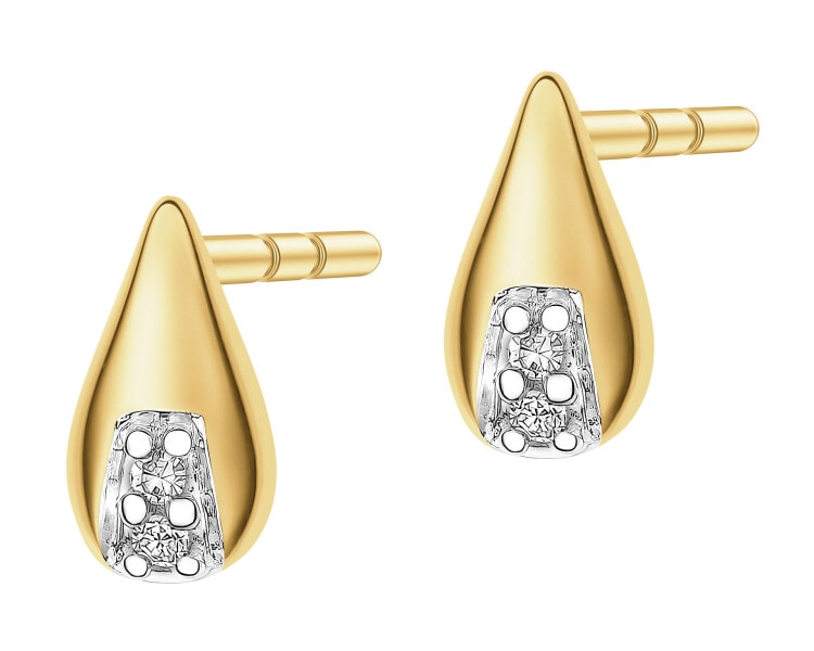 Kolczyki z żółtego złota z diamentami - łezki - 0,01 ct - próba 585
