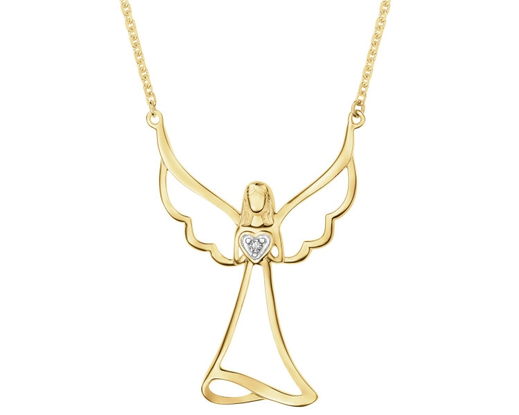 Naszyjnik z żółtego złota z diamentem - aniołek, serce - 0,04 ct - próba 375