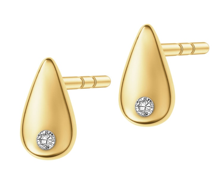 Kolczyki z żółtego złota z diamentami - łezki - 0,01 ct - próba 375
